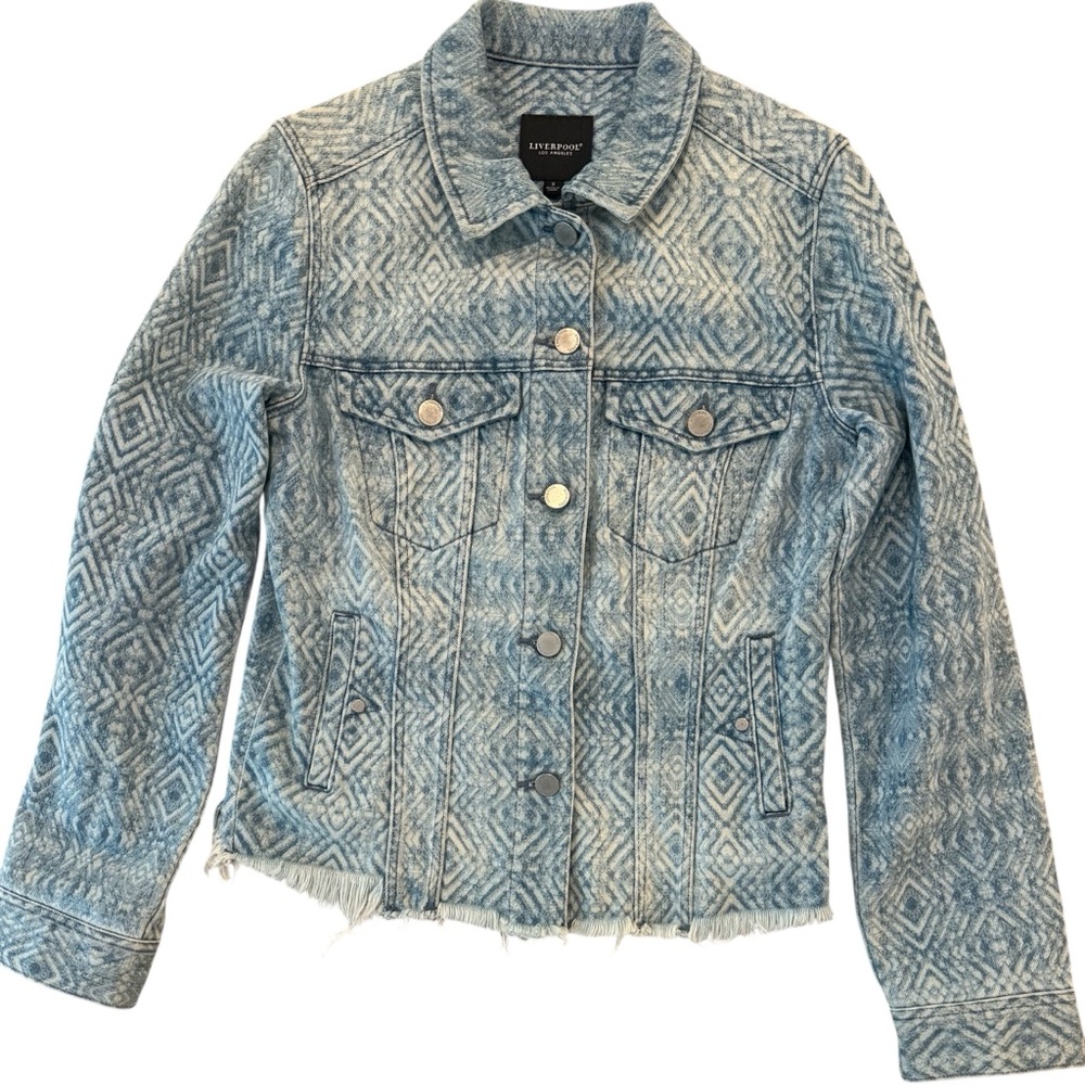 Liverpool LA Light Blue Denim Jacket Patterned Raw Hem Coastal Cowgirl Small